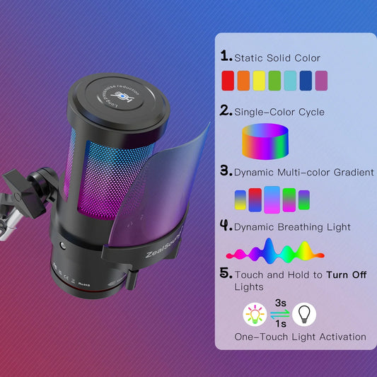 ZealSound Gaming USB Microphone,Noise Cancellation Condenser mic with Touch Mute,Gain,Monitoring,Boom Arm for Streaming,Podcast,Twitch,YouTube,Discord,iPhone,iPad,PC,Computer,PS4,PS5,Mac,GamerWave