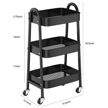 VAVSEA Metal Rolling Utility Cart, 3-Tier Rolling Storage Trolley Cart with Lockable Wheels, Laundry Room Organizer Cart with Handle for Kitchen Office Bathroom, Black