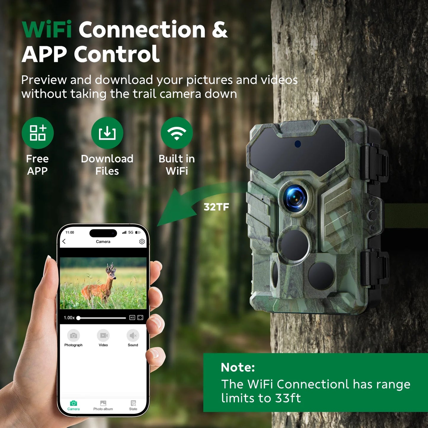 CAMPARK Trail Camera WiFi Bluetooth Game Deer Hunting Camera with Night Vision Waterproof IP66 0.1s Trigger Motion Activated Trail Cam 32MP 1080P 2.4" LCD Wildlife Camera