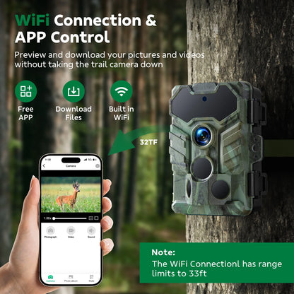 CAMPARK Trail Camera WiFi Bluetooth Game Deer Hunting Camera with Night Vision Waterproof IP66 0.1s Trigger Motion Activated Trail Cam 32MP 1080P 2.4" LCD Wildlife Camera