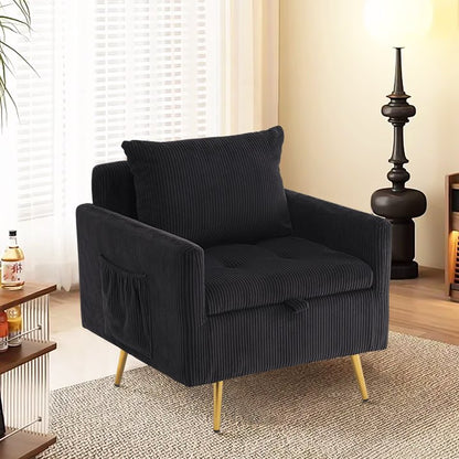 Modern Accent Chair, Single Sofa Armchair with Storage, 1 Pillow, Corduroy Fabric Arm Chair for Living Room, Black