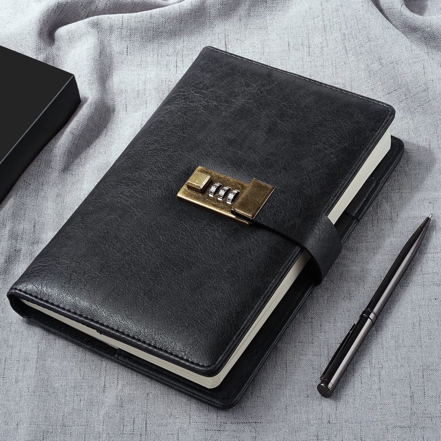 WEMATE Diary with Lock, A5 PU Leather, 240 Pages, Password Protected Notebook, Pen & Gift Box, Lock Diary,Black