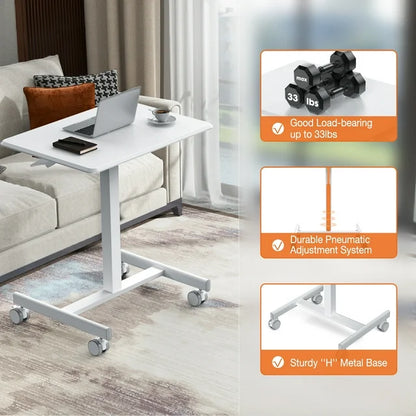 Mobile Rolling Standing Desk - Overbed Table, Teacher Podium with Wheels, Adjustable Work Table, Rolling Desk Laptop Computer Cart for Home, Office, Classroom - White