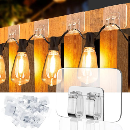 95Pcs Hooks for Outdoor String Lights Clips Christmas Light Gutter Hooks Clip Hangers for Outside Cable Clips with Waterproof Adhesive Strips Clear Sticky Cord Holders Rope Organizer