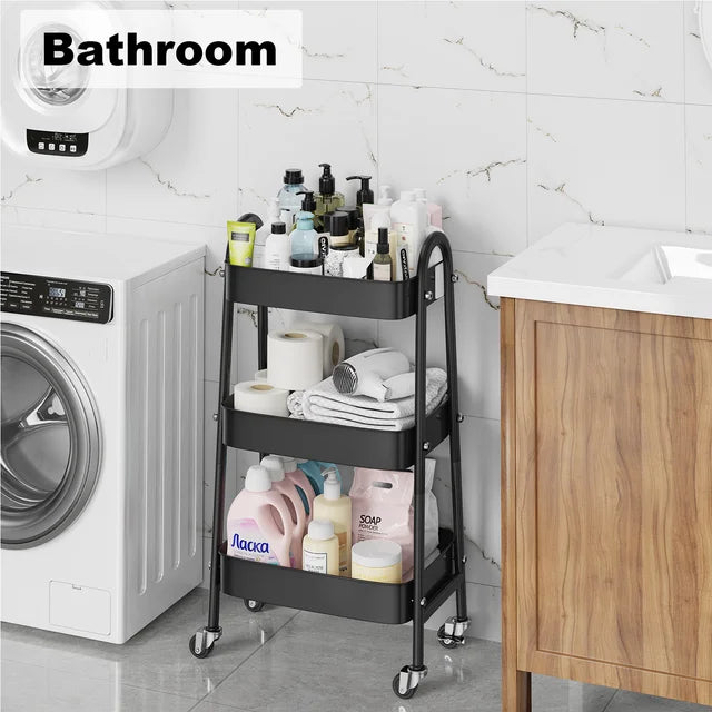 VAVSEA Metal Rolling Utility Cart, 3-Tier Rolling Storage Trolley Cart with Lockable Wheels, Laundry Room Organizer Cart with Handle for Kitchen Office Bathroom, Black