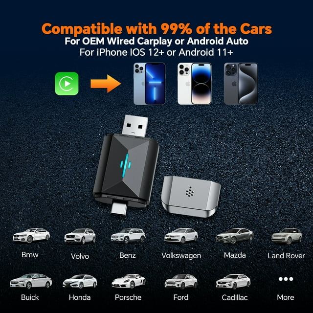 TOGUARD 2 in 1 Wireless CarPlay Apple CarPlay & Android Auto Car Adapter, with WiFi Bluetooth Plug and Play Converts Wired to Wireless for OEM Factory Wired Type-C/USB Adapter