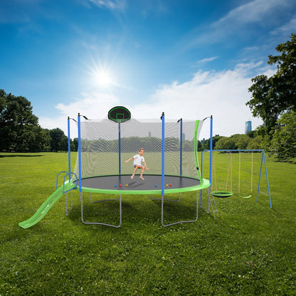 SHINPT 12FT Trampoline with Slide and Swings, ASTM Approval Recreational Trampoline with Basketball Hoop and Ladder, Easy Assembly, Outdoor Fitness Trampoline for Kids and Adults