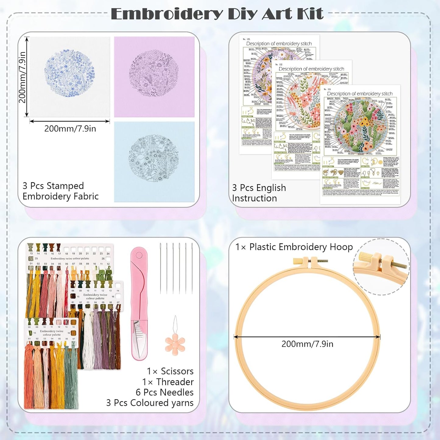 3 Pack Embroidery Kit for Beginners, Sewing Cross Stitch Starter Set with Flowers and Plants Pattern Stamped Cloth Hoops Threads and Needles, DIY Handmade Sewing Crafts