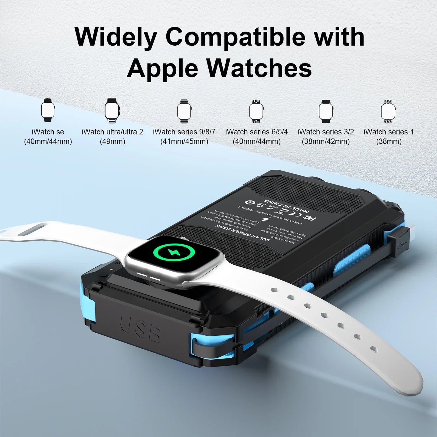 Yelomin 49800mAh Solar Power Bank Portable Charger with Wireless Charger for Apple Watch,iPhone,Fast Charging Travel Battery Pack with Camping Flashlight,Compatible with All Mobile Phones（Blue)