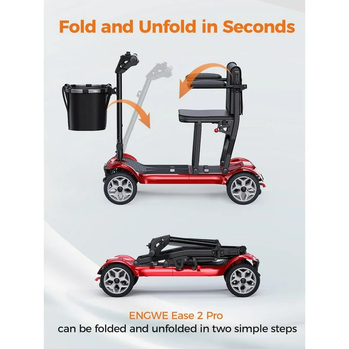 ENGWE 4 Wheel Mobility Scooter for Adults Seniors - Ease 2 Pro Luxury 24V 20A Li-ion Battery Lightweight 43.2lb Compact Folding Portable to Travel 270W Motor, Headlight Basket, Dual Battery-Red