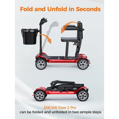 ENGWE 4 Wheel Mobility Scooter for Adults Seniors - Ease 2 Pro Luxury 24V 20A Li-ion Battery Lightweight 43.2lb Compact Folding Portable to Travel 270W Motor, Headlight Basket, Dual Battery-Red