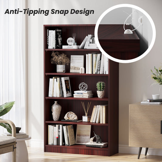 Farini 5 Tiers Bookcase, Wooden Bookcase with Adjustable Shelves for Home, Office, Mahogany