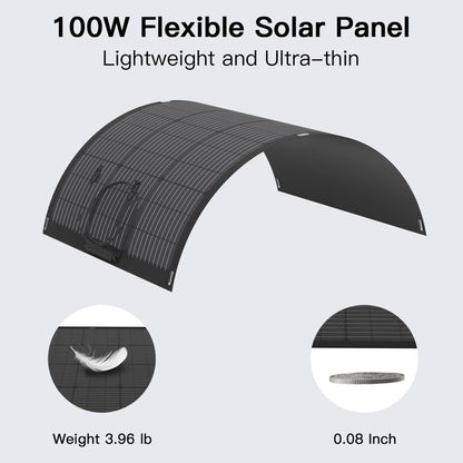 MHPOWOS 100W Flexible Solar Panel with ETFE Monocrystalline Cell, 24V Solar Charger, IP67 Waterproof for RV Camping Home Boat Marine Curve Surface