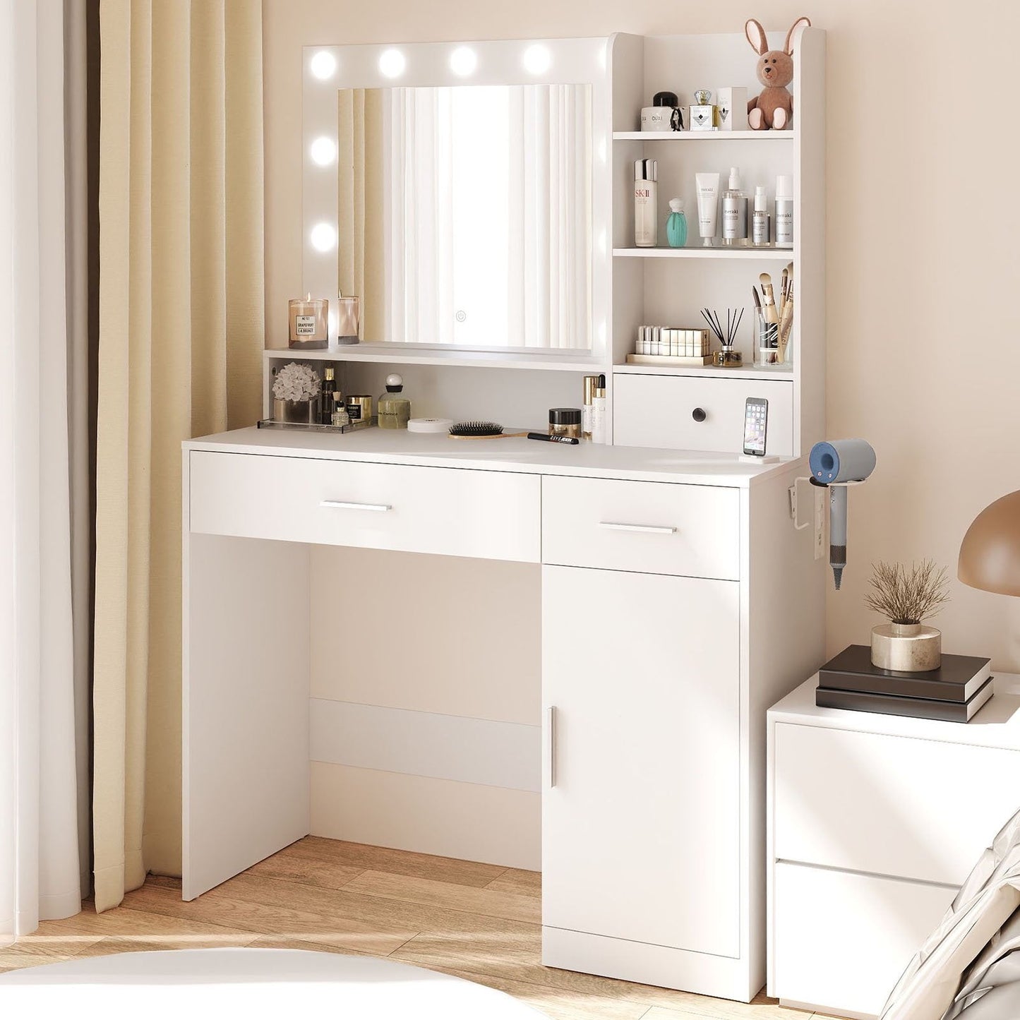 edx Vanity Desk with Mirror, Makeup Vanity Table with 3 Color Light Options Adjustable Brightness for Bedroom Dressing Room, White