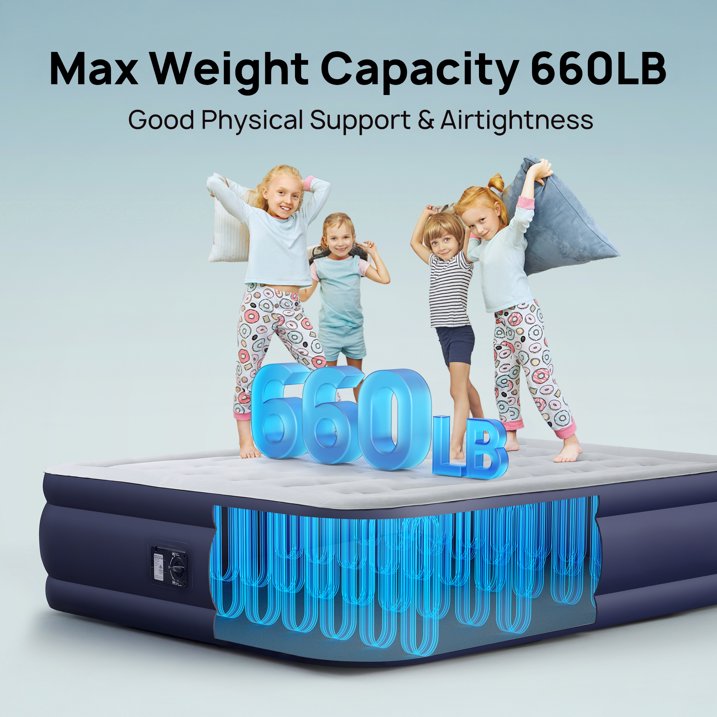 Air Mattress, Queen Inflatable Airbed with Built-in Pump, 18'' Waterproof Flocked Top for Home/Camping/Travel, Max 650lbs