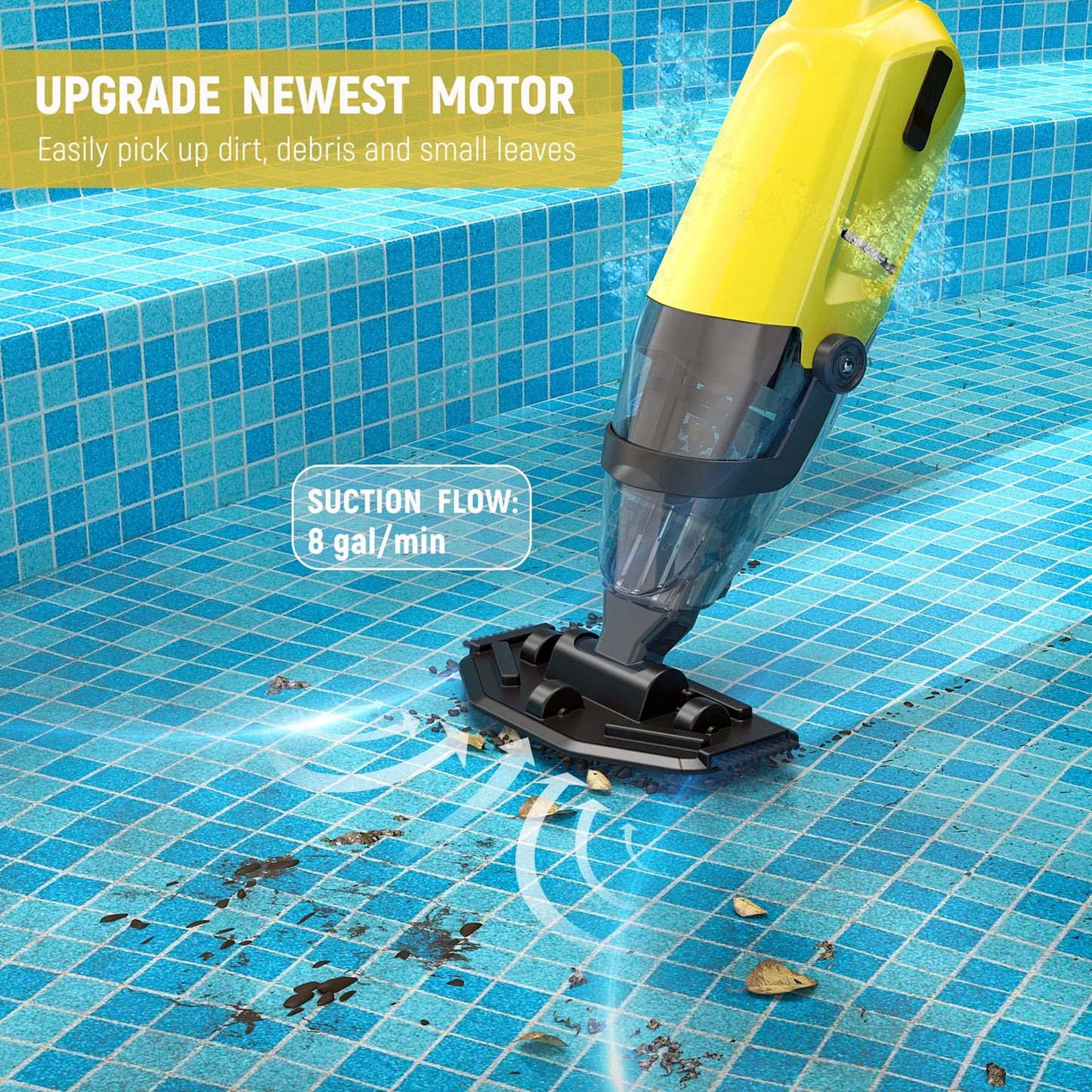Efurden Cordless Pool Vacuum, Handheld Pool Vacuum with Running Time up to 60-Minutes for Above Ground Pools, Spas and Hot Tubs, Yellow