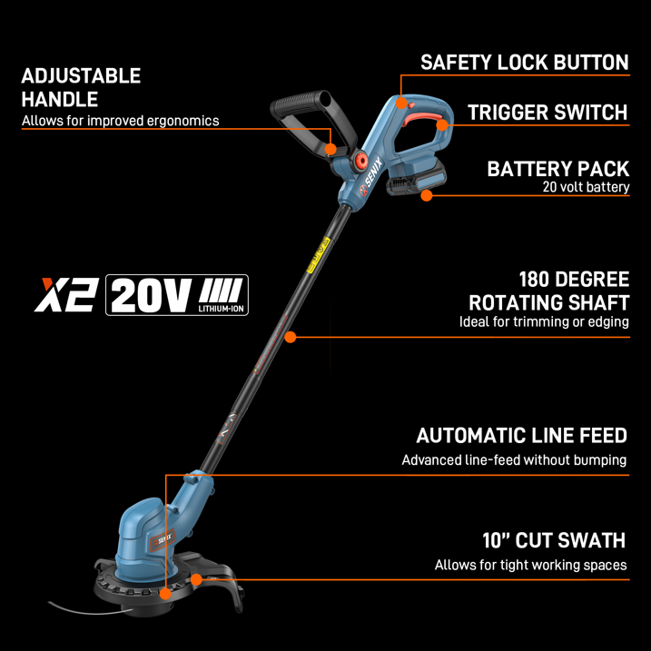 SENIX 20V 10 Cordless Weed Eater, Grass Trimmer, Rotating Split Shaft, Angle adjust Assistant Grip, Auto Line Feed w/ 2.0Ah Battery  Charger, GTX2 L