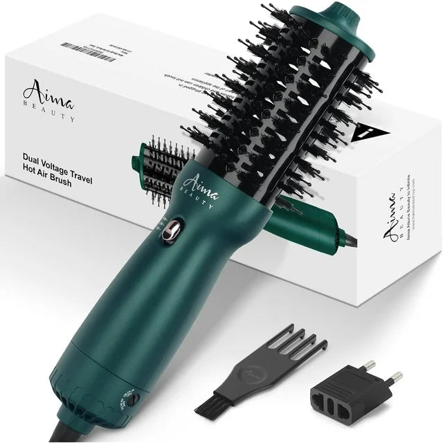 Aima Beauty Hair Dryer Brush Dual Voltage Worldwide Travel Blow Dryer Brush Hot Air Brush with Oval Barrel 360¡ãAirflow for Smooth,Negative Ionic Frizz-Free Drying/Straightening/Voluming, Dark Green