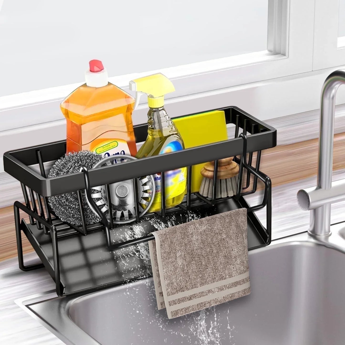 Aovky Sponge Holder for Kitchen Sink, Self Drain Kitchen Sink Caddy Organizer, Sponge Holder with Removable Dishcloth Rack, Soap Dispenser Brush Holder Storage for Bathroom and Counter, Black