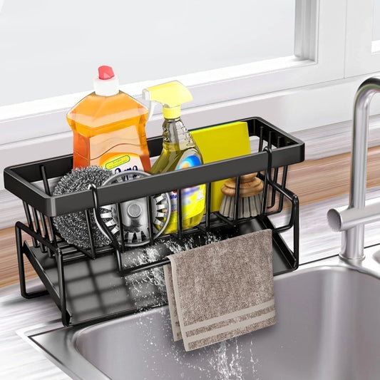 Aovky Sponge Holder for Kitchen Sink, Self Drain Kitchen Sink Caddy Organizer, Sponge Holder with Removable Dishcloth Rack, Soap Dispenser Brush Holder Storage for Bathroom and Counter, Black