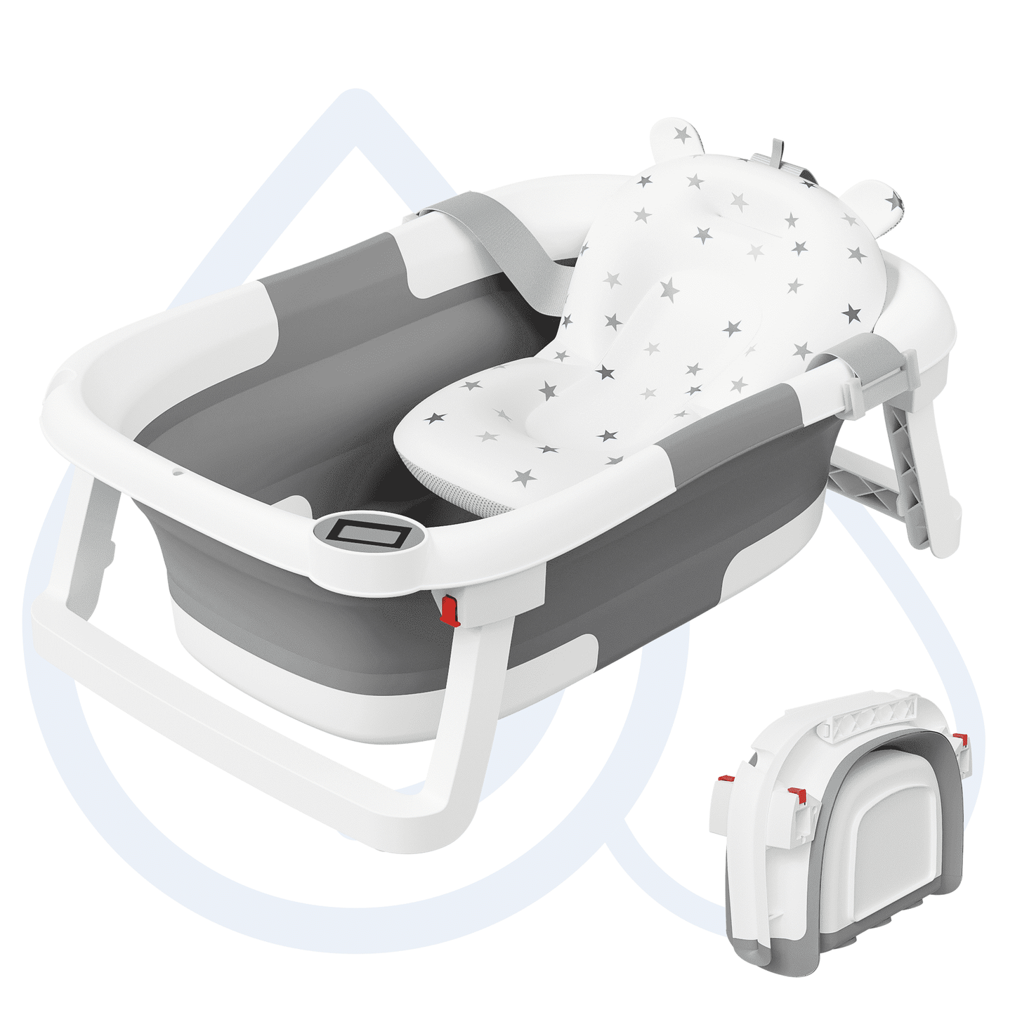 Aprpink Foldable Baby ‎Bathtub PP+TPE with Soft Cushion&Thermometer for 0-36 Months Toddler Gray