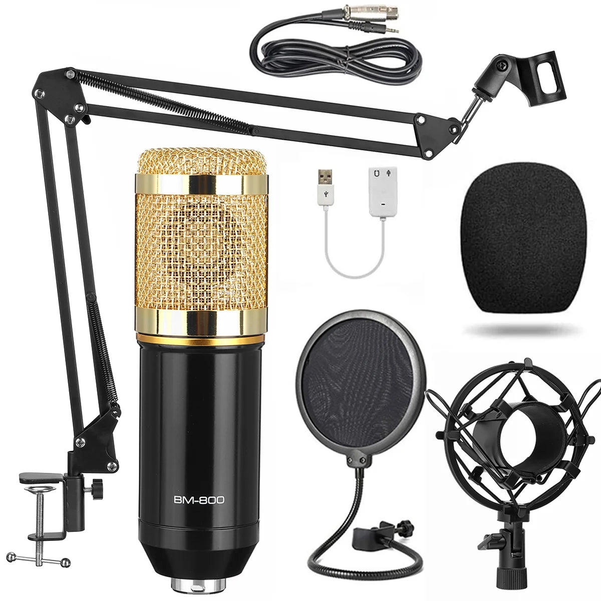 BM800 Condenser Studio Microphone Kits, Podcast Equipment Bundle, Studio Recording & Broadcasting Mic with Adjustable Stand, USB Sound Adapter