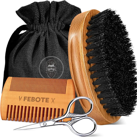 Beard Brush for Men and Dual Action Wood Comb Set for Beards and Mustaches, Beard Grooming Kit w/Mustache Scissors And Travel Bag