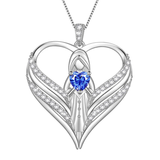 Beautlace 925 Sterling Silver Angle Heart Necklace with December Birthstone,Guardian of Love Heart Pendant Necklace Jewelry Birthday Christmas Valentines Gifts for Women Mom