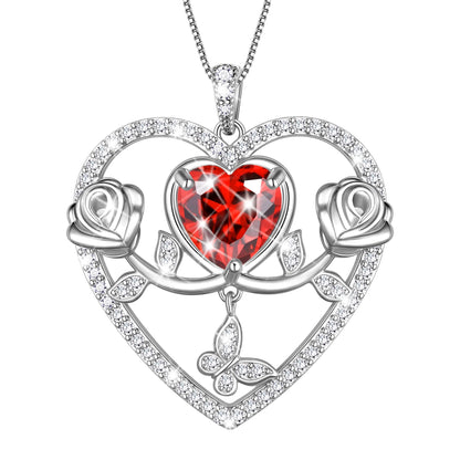 Beautlace 925 Sterling Silver Rose Heart Necklace,Butterfly Flower Pendant Necklace Jewelry Birthday Christmas Valentines Mother's Day Gifts for Women Mom Wife -January
