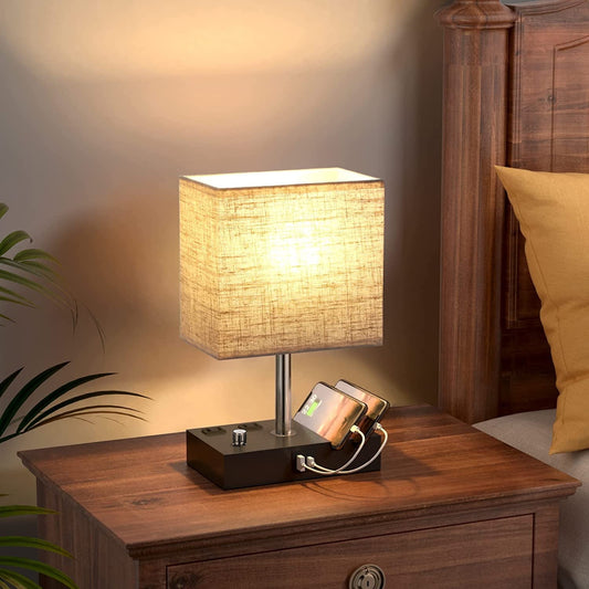 Bedside Table Lamp for Bedroom with Dual Fast USB Charging Ports, Fully Dimmable Nightstand Lamps with 2 Phone Stands