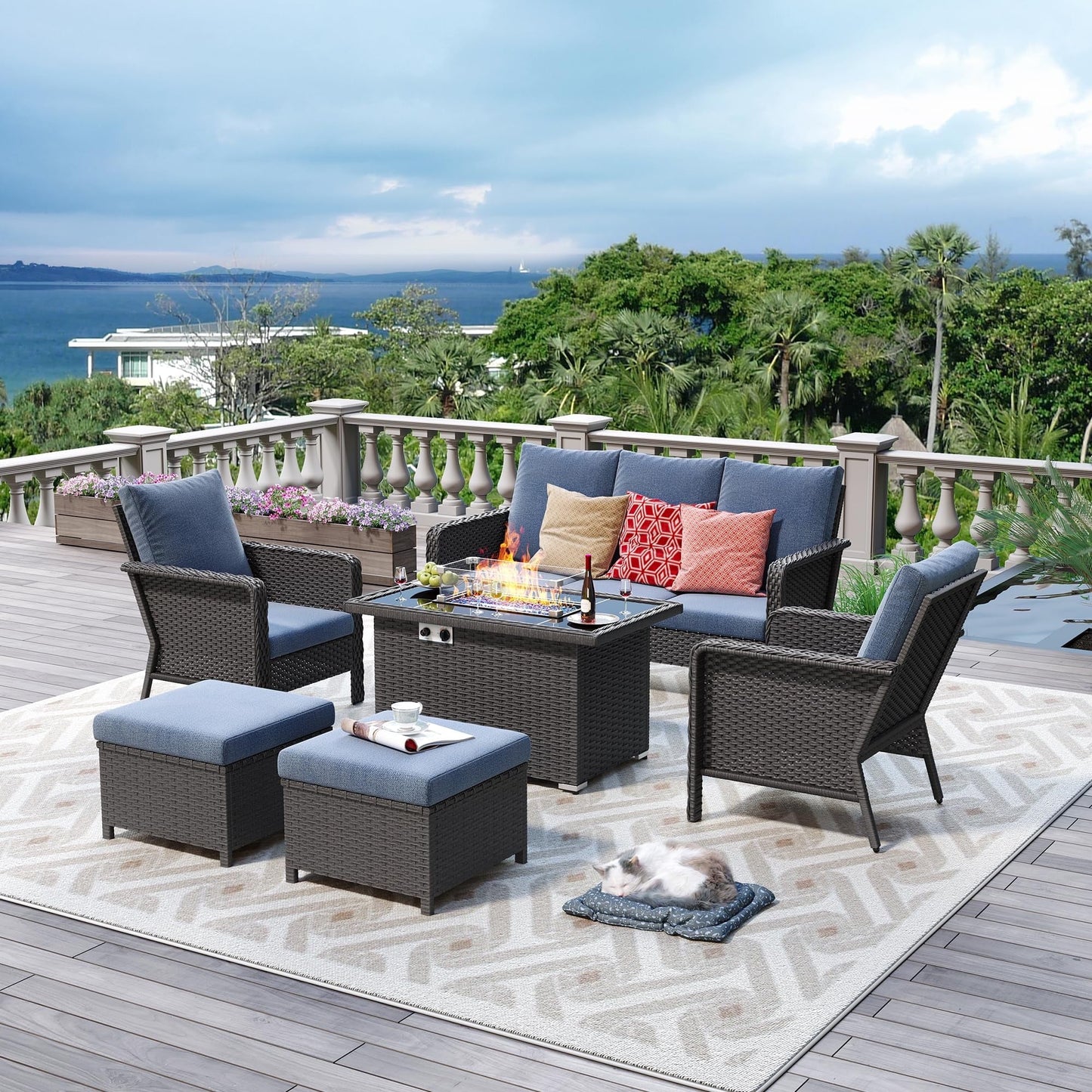 Brafab 7pcs Outdoor Patio Furniture Set with 44" Gas Fire Pit Table, PE Wicker Patio Conversation Sets Cushioned Seat Couch Outdoor Sectional Chair Sofa Set for Yard Garden Porch