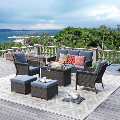 Brafab 7pcs Outdoor Patio Furniture Set with 44" Gas Fire Pit Table, PE Wicker Patio Conversation Sets Cushioned Seat Couch Outdoor Sectional Chair Sofa Set for Yard Garden Porch