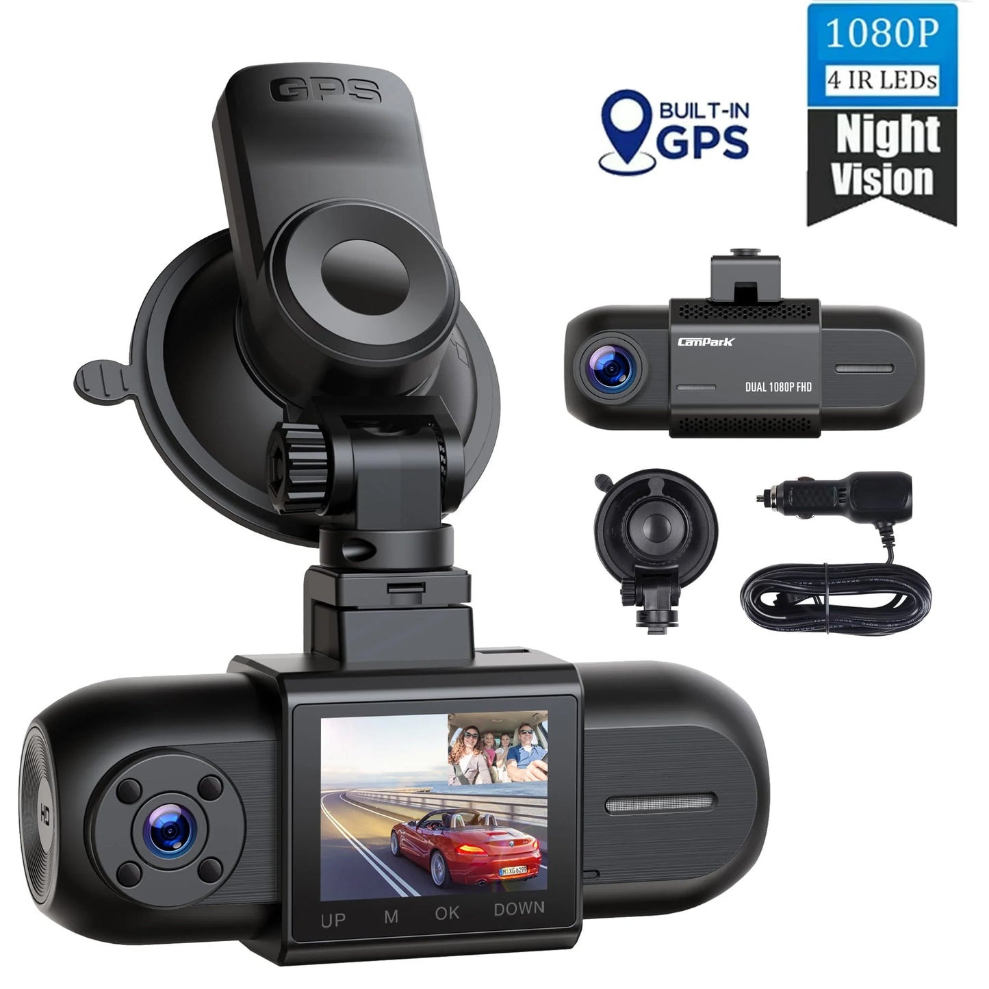 Campark Dual Dash Cam 1080P Dash Cam Front and Inside Dash Camera for Cars with GPS Tracking, Inside IR Night Vision, Parking Monitor, Loop Recording, G-sensor