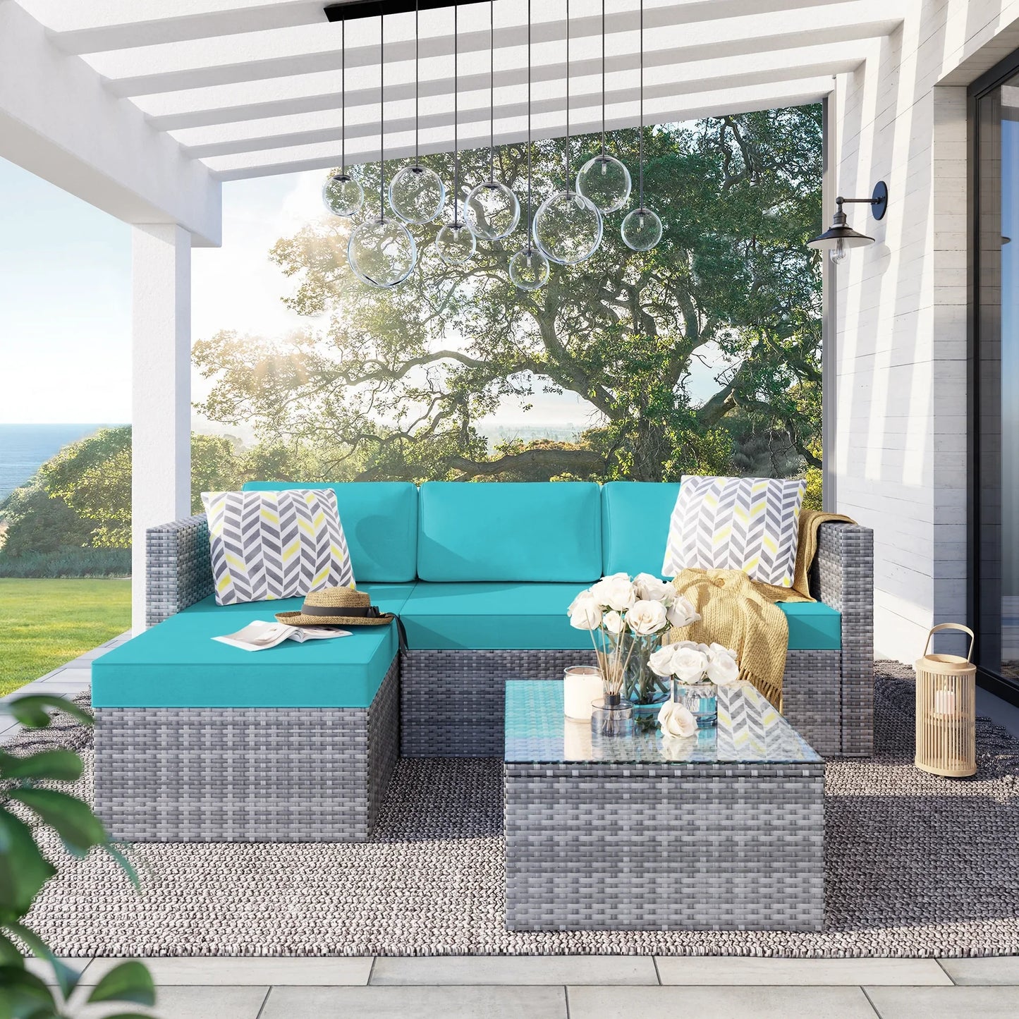 Carpet 3 Piece All-Weather Outdoor Furniture Sectional Sofa Patio Set Silver Gray Rattan Wicker with Tea Table and Cushions(Blue)