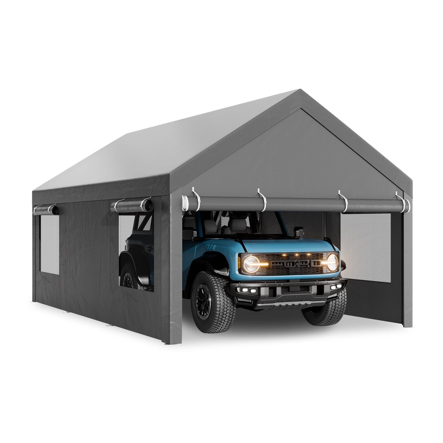 Carpet Carport 10'x20' Large Heavy Duty Car Tent with Powder-Coated Steel Frame, Portable Garage with Removable Sidewalls & Doors Car Canopy, Gray