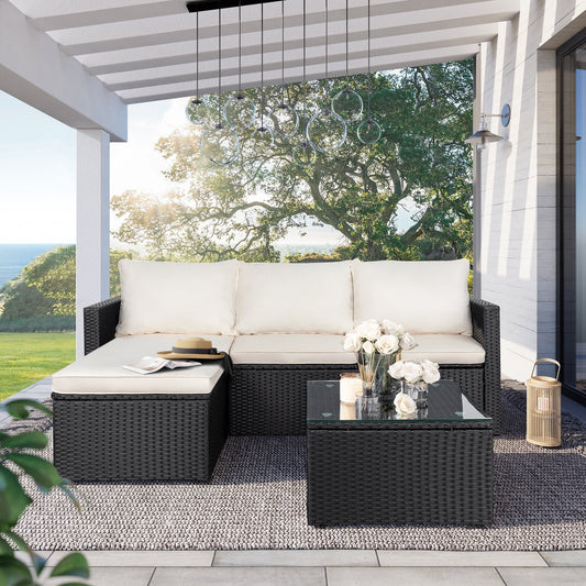Carpet Outdoor Sectional Patio Furniture Sofa Set with Cushion & Glass Table,White
