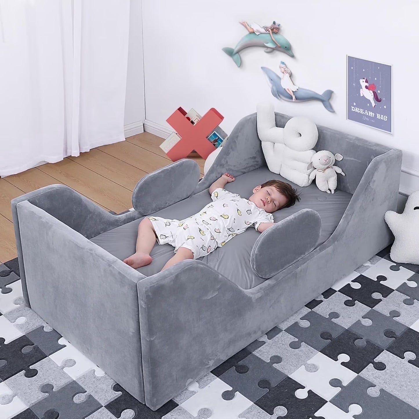 Spanspace Toddler Bed, Toddler Floor Bed – Low-to-Ground Design with Detachable Guard Rails, Soft Upholstered Transition Bed, Standard Crib Size for kids Ages 1–6 (Gray)