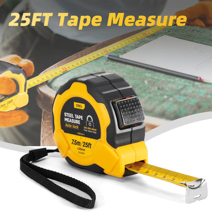 Deli 25FT Auto-Lock Steel Tape Measure,Heavy-duty Rubberized Retractable Measuring Tape with Self-Locking, Easy Read Tape Measure, Rubber Protective Casing