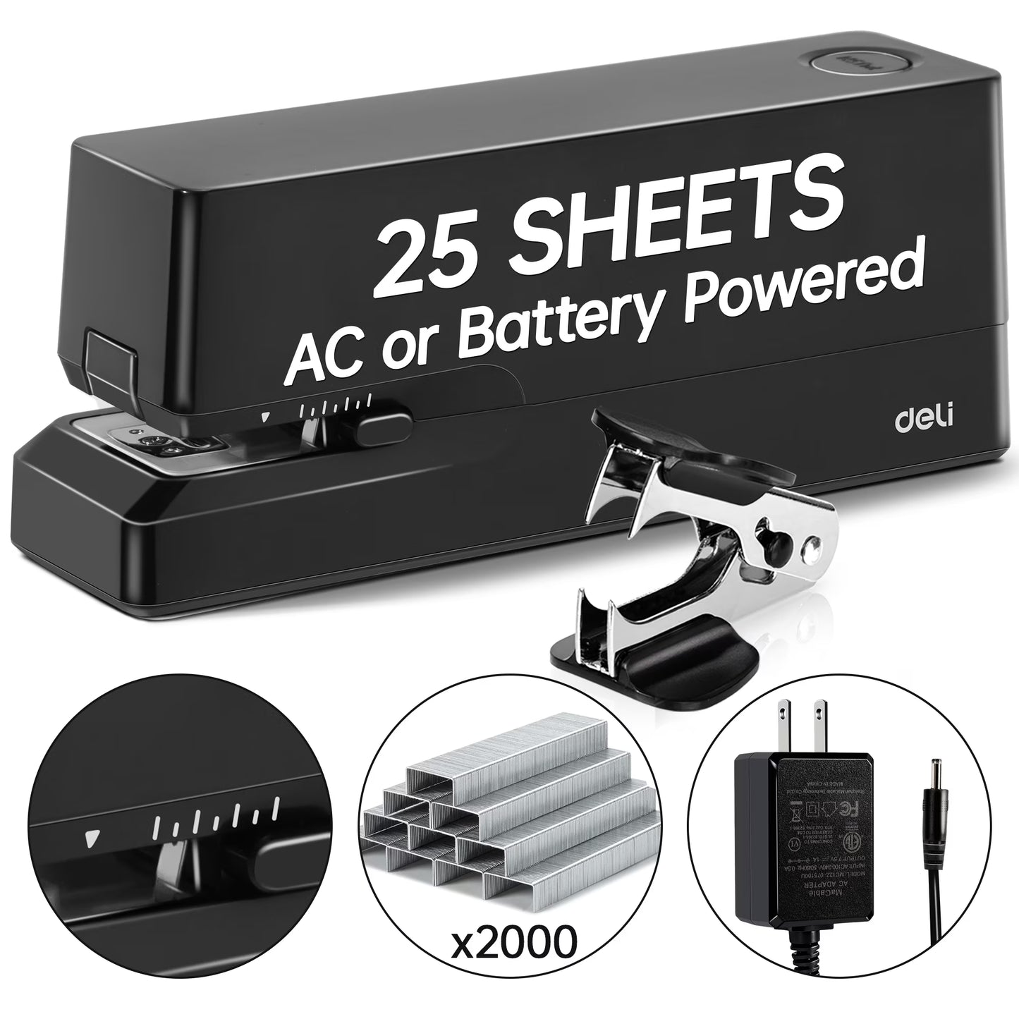 Deli 25-Sheet Electric Stapler with 2000 Staples & Staple Remover, AC or Battery Powered Staplers for Home Office, Black