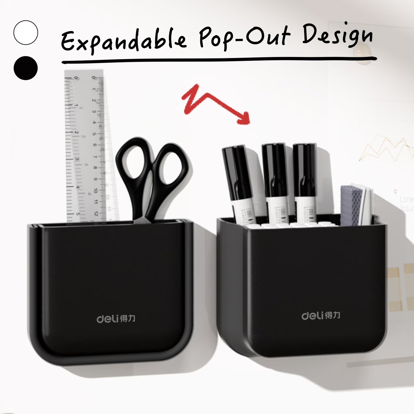 Deli Expandable Magnetic Pen Holder, Office Organizer for Whiteboard, Fridge, Locker Accessories, Black