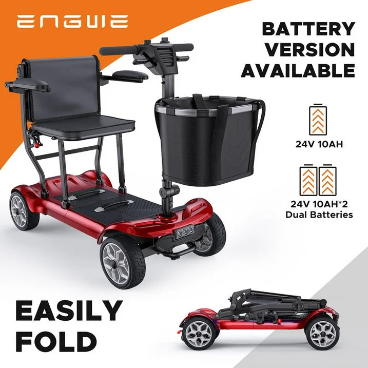 ENGWE 4 Wheel Mobility Scooter for Adults Seniors - Ease 2 Pro Luxury 24V 20A Li-ion Battery Lightweight 43.2lb Compact Folding Portable to Travel 270W Motor, Headlight Basket, Dual Battery-Red