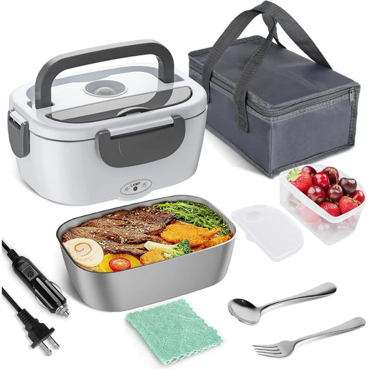Electric Lunch Box Food Heater, AOKIWO 60-80W Electric Heating Lunch Boxes Lunch for Car/Men/Adults/Home/Work, 1.5L Removable 304 Stainless Steel Container, 110V/12V/24V, with Fork & Spoon