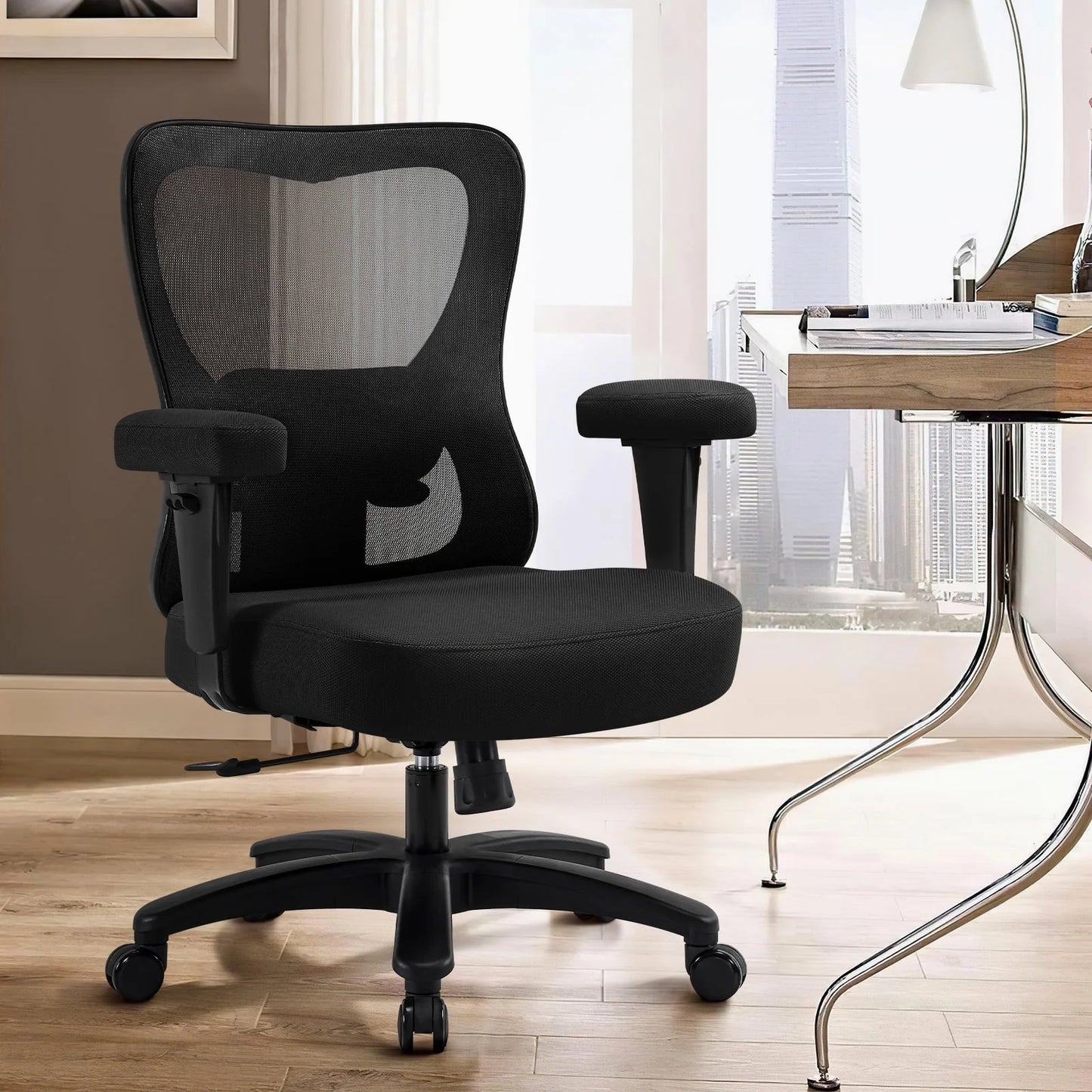 Ergonomic Office Chair, Mesh Desk Chair with Wide Thick Seat Cushion, Oversize Home Desk Chair with Adjustable 2D Headrest, Lumbar Support  Armrests for Work  Gaming,Black