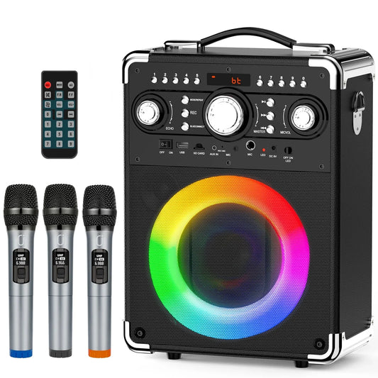 FanFun Party Speaker, Powerful Subwoofer/Tweeter Bluetooth Speaker with DJ Lights & Remote Contro, 3 Wireless Karaoke Microphones, 12 H Playtime