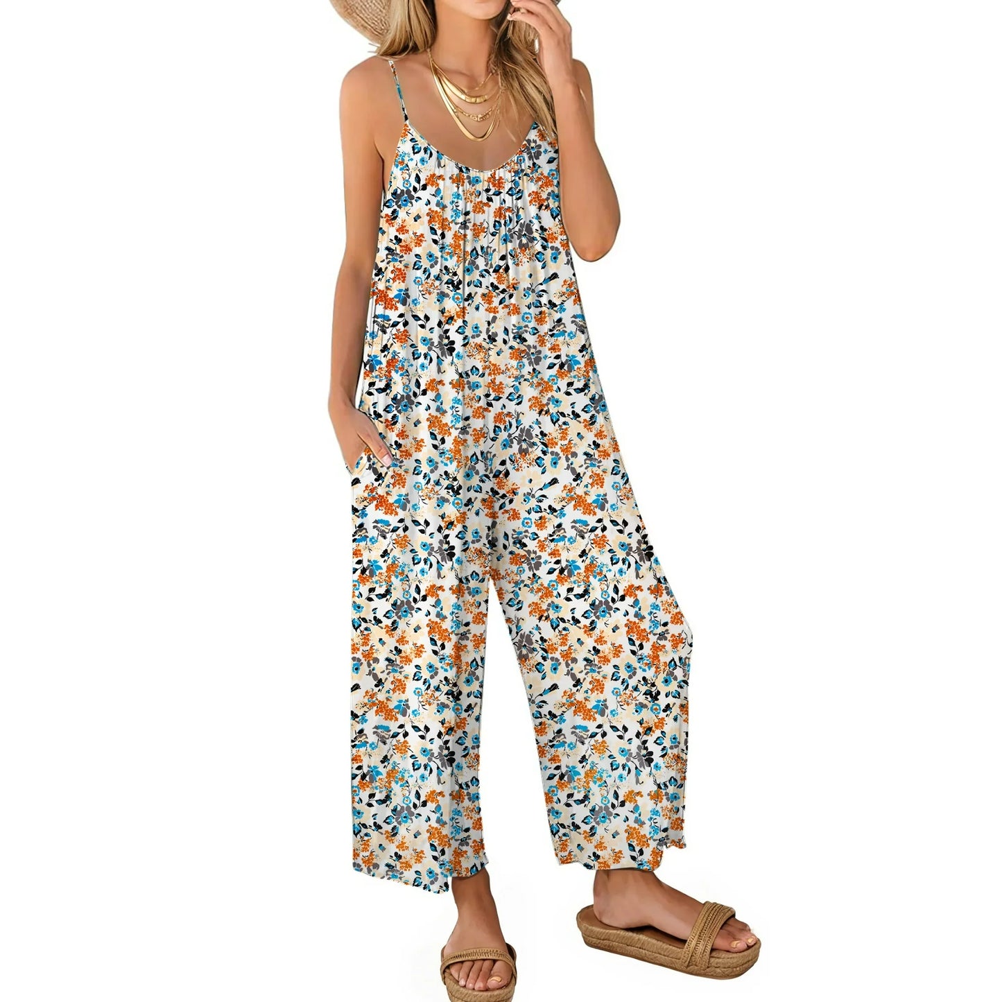 Fantaslook Jumpsuits for Women Casual Sleeveless Spaghetti Strap Rompers Boho Wide Leg Jumpsuits Overalls Dressy Trendy Outfits Clothes