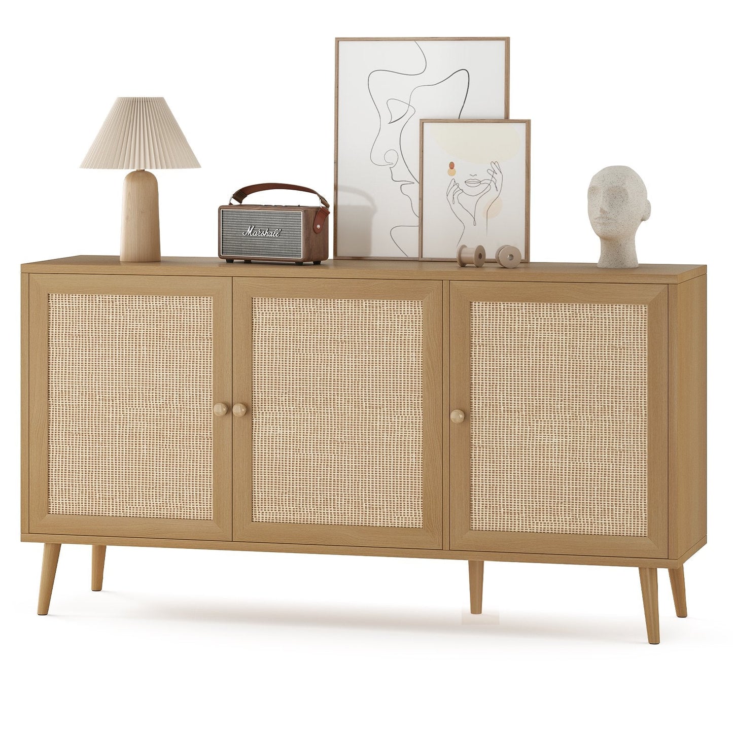 Farini Sideboard Buffet Cabinet with 3 Rattan Doors, Kitchen Storage Cabinet, Modern Console Cabinet ,Bar Cabinet for Entryway Living Room(Nature)