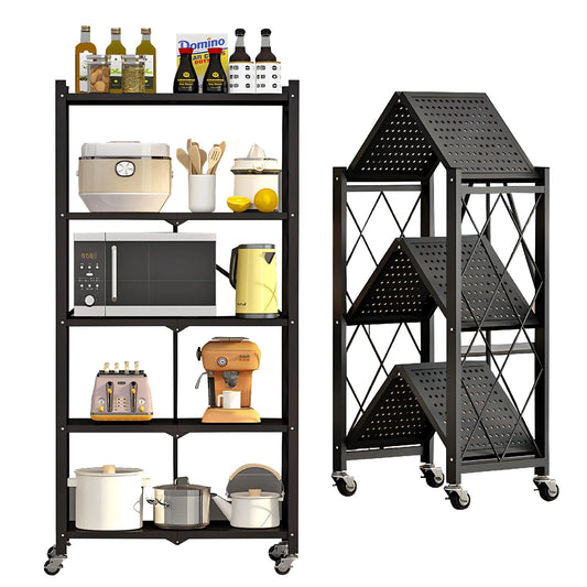 PRIJESSE 5-Tier Foldable Storage Shelves Metal Rack Heavy-Duty Storage Shelf Supporting 330LBS Loads Black