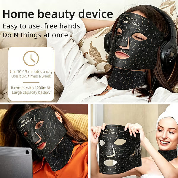 Morfone 7 Color Face and Neck Silicone Red Light Therapy Mask Wireless Hands-Free Anti-Aging Beauty Device all black 11 inch