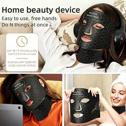 Morfone 7 Color Face and Neck Silicone Red Light Therapy Mask Wireless Hands-Free Anti-Aging Beauty Device all black 11 inch