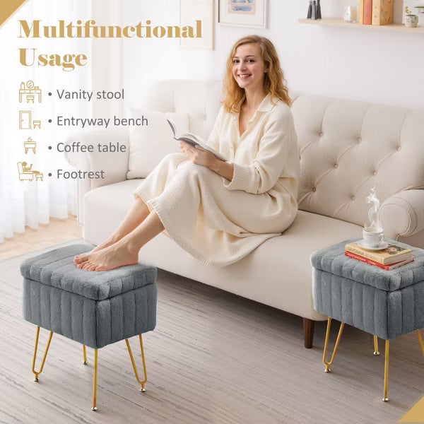 IULULU Vanity Stool, Faux Fur-Padded, 4-Legged Stool with Anti-Slip Feet, White